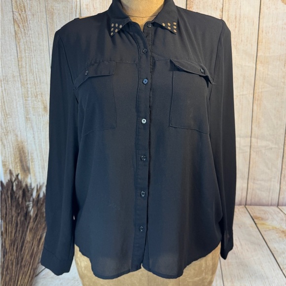 Nicki Minaj Black Chiffon Studded Collar Button Down Blouse XXL back cut outs - Picture 2 of 6